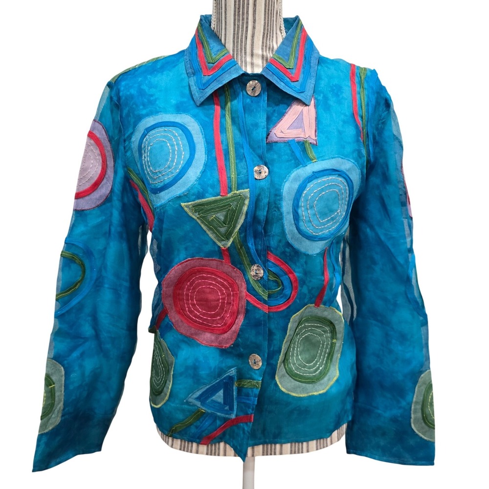 TravelSmith Silk Jacket Art‎ to Wear Medium Blue Applique Embroidery Button Up